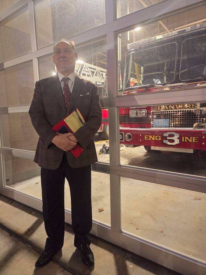 William Falcetano outside the Danvers fire station