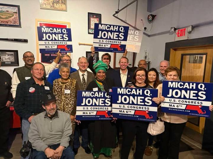 William Falcetano with Micah Jones and supporters at Metro Bowl in Peabody